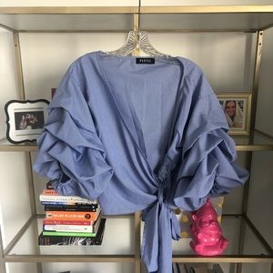 Ruffle sleeve blue gingham wrap off shoulder top